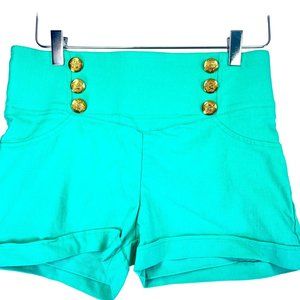 Vintage FE USA Womens L Teal Green Sailor Shorts High Rise Stretch Gold Buttons